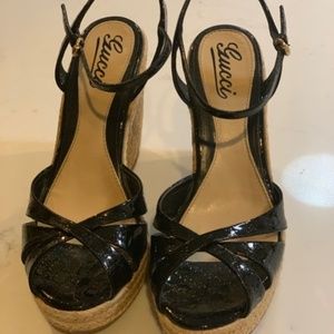 Gucci Penelope Black Patent Leather Wedges